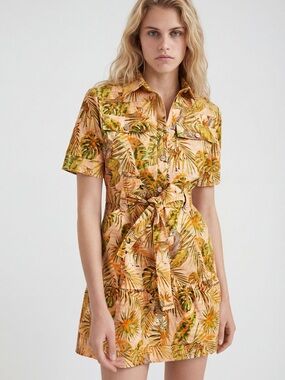 NWT Desigual Leopard Safari Shirt Dress Yellow Tropical Jungle Print Tie Waist